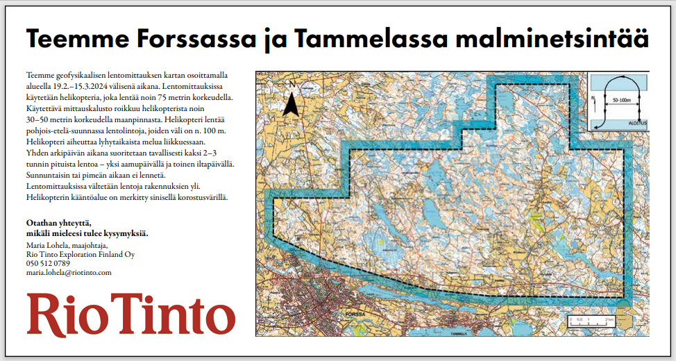 Karttakuva malminetsinnästä Forssan ja Tammelan alueilla.