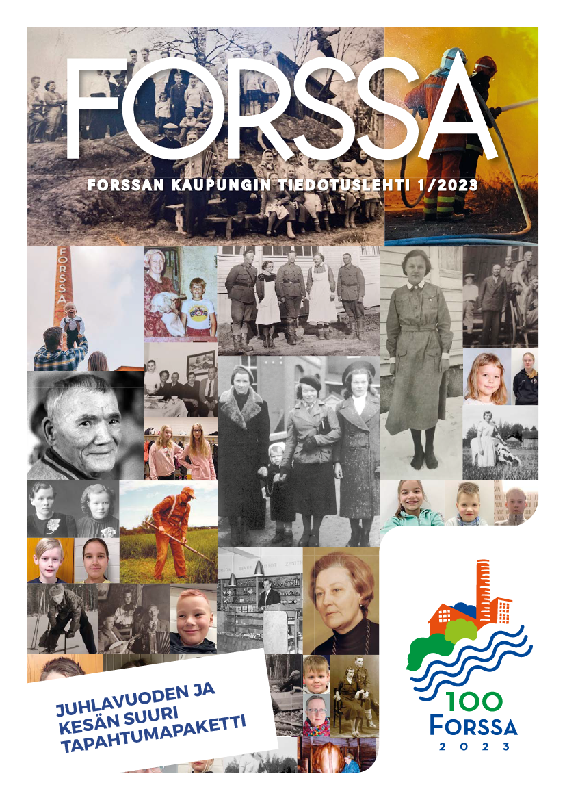 Forssan kaupungin tiedotuslehden kansi, jossa on mosaiikkikuvana forssalaisia henkilöitä sekä lisäksi juhlavuoden värikäs logo.